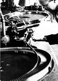 A skilled operator supervise the production at Orsa Saw blade factory about 1950.